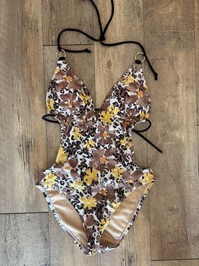 Vintage Y2K Liquid Blue Floral Leopard Print Cut Out One-Piece Swimsuit - Medium